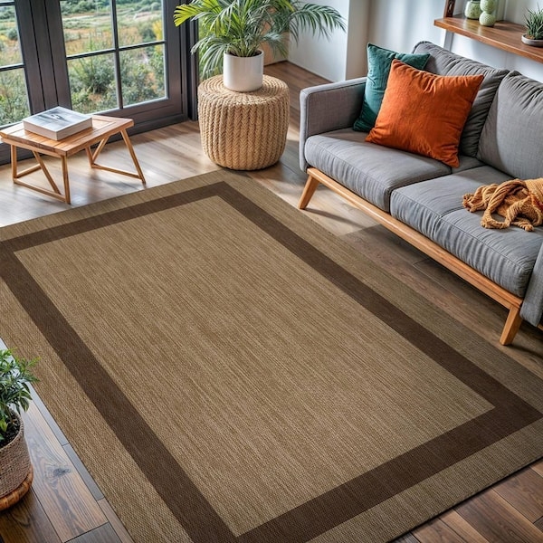 Area Rug Brown Flatweave With Dark Double Border Patio