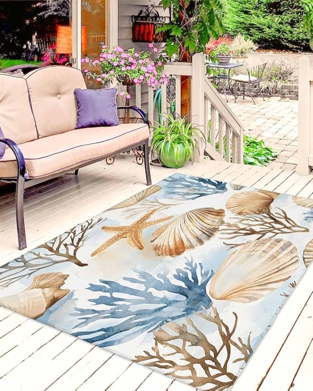 Area Rug Brown Marine Life Pattern Starfish Washable Coastal Rug