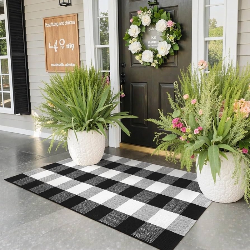 Area Rug Buffalo Plaid Woven Flatweave Porch Entryway Decor