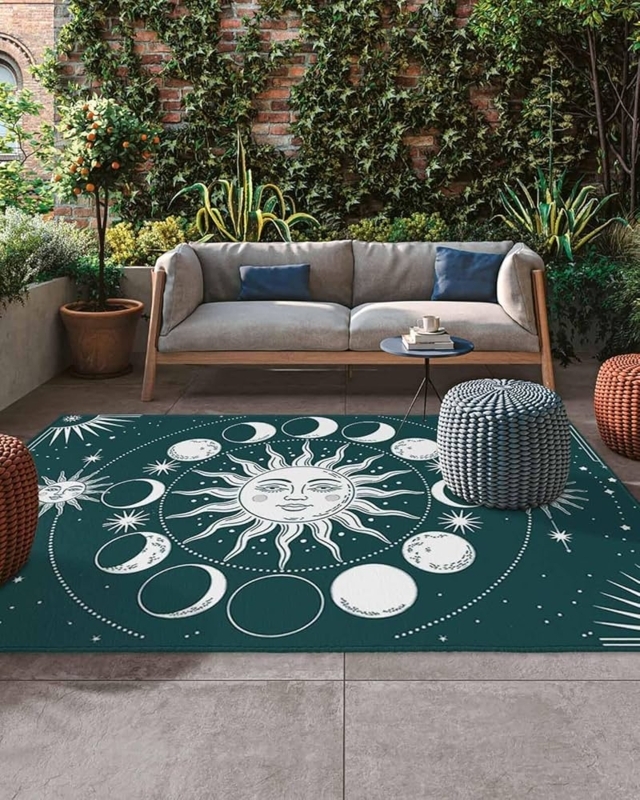 Area Rug Celestial Graphics Navy Gold Sun Moon Stars Whimsical Patio