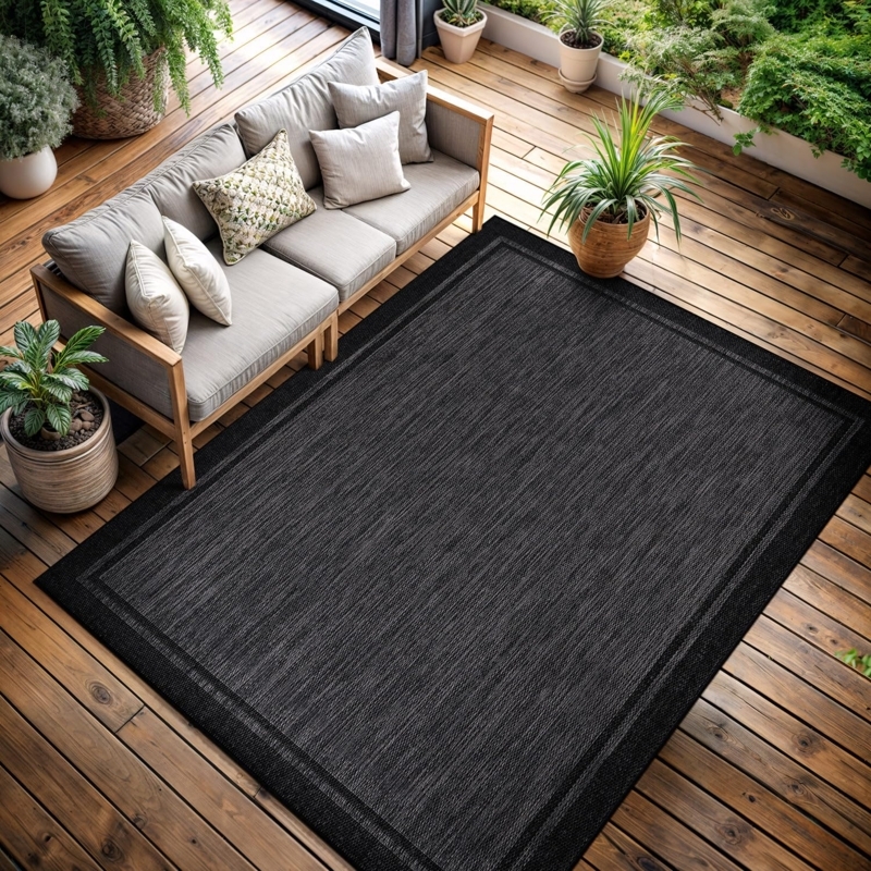 Area Rug Charcoal Bordered Patio Flat Woven Washable