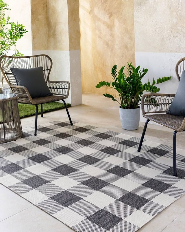 Area Rug Charcoal Broken Checkered Pattern Flatweave Deck Decor