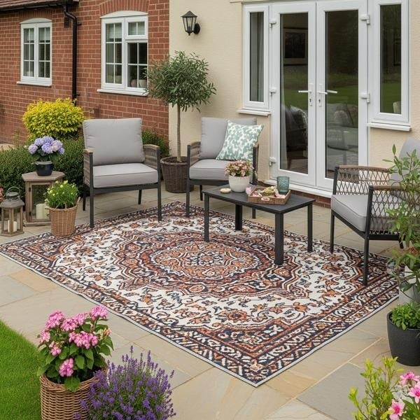 Area Rug, Charcoal Geometric Outdoor Rug with Lattice Design
