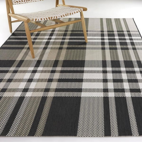 Area Rug Charcoal Plaid Windowpane Grid Flatwoven Coastal Patio