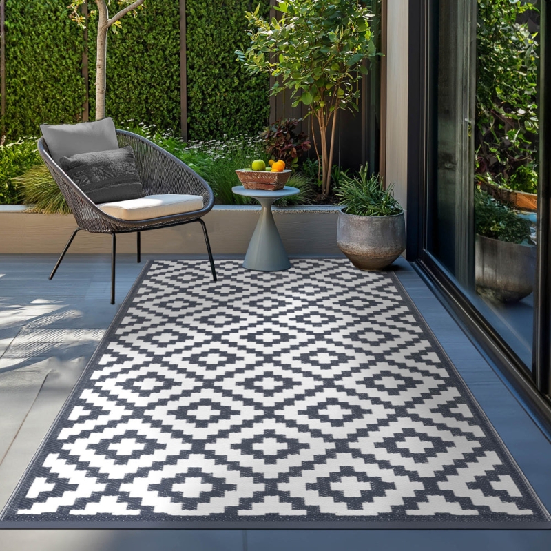Area Rug Charcoal White Flatweave Patterned Trellis