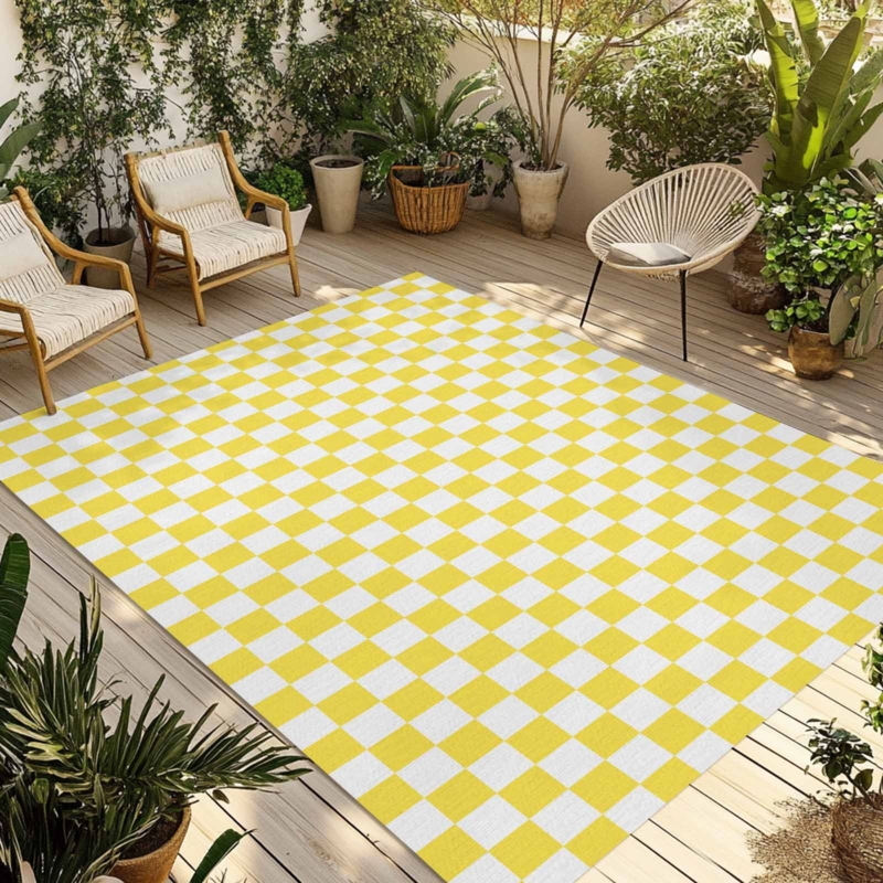 Area Rug Cheerful Yellow Checkered Pattern Retro Outdoor Deck