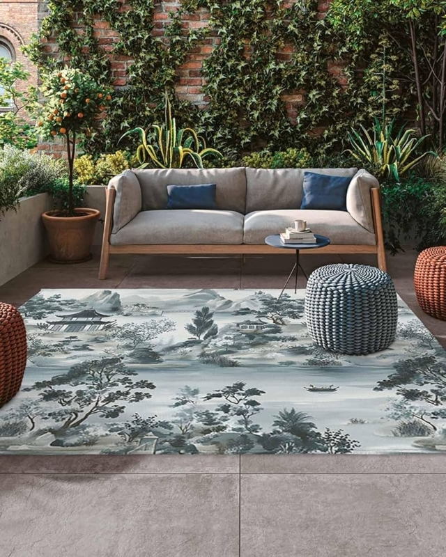 Area Rug Chinoiserie Scenery Blue and White Flatweave Traditional