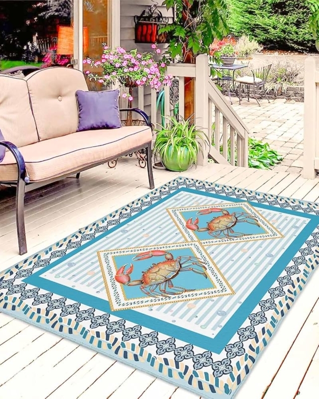 Area Rug Coastal Blue Crab Graphic Geometric Border Nautical Deck Decor