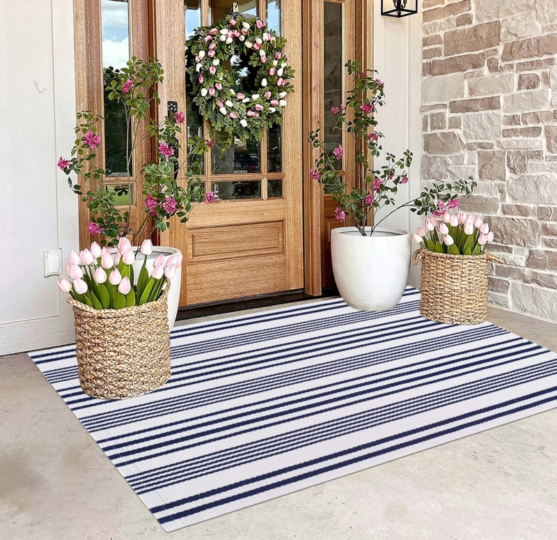 Area Rug Coastal Blue White Striped Knotted Fringe Washable Cotton