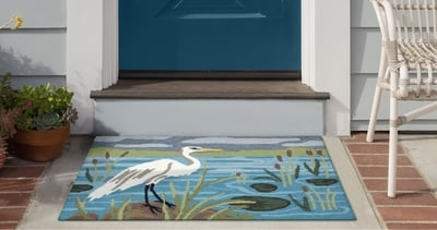 Area Rug, Coastal Egret Motif with Navy Coastal Theme & Nature Pattern