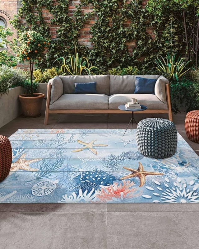 Area Rug, Coastal Nautical Starfish Design on Weathered Wood Plank Print