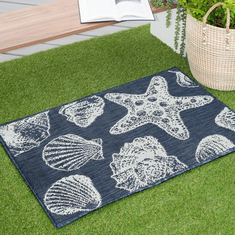 Area Rug: Coastal Patio Rug Styling, Navy Trellis Design Flatweave