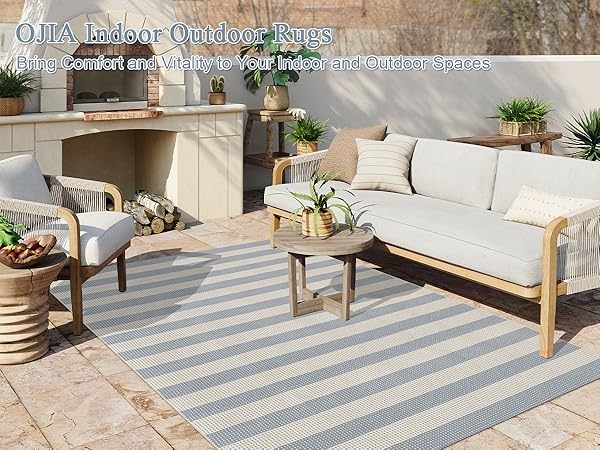 Area Rug Coastal Patio Rug Styling Navy White Tan Broad Stripes