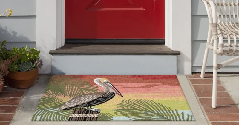 Area Rug, Coastal Pelican Graphic, Hand Hooked Construction for Outdoors