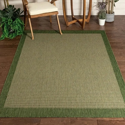 Area Rug: Coastal Sage Green Flatweave with Navy Striped Border