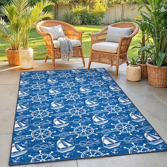 Area Rug Coastal Sailboat Print Ships Wheel Design Navy Low Pile Decor