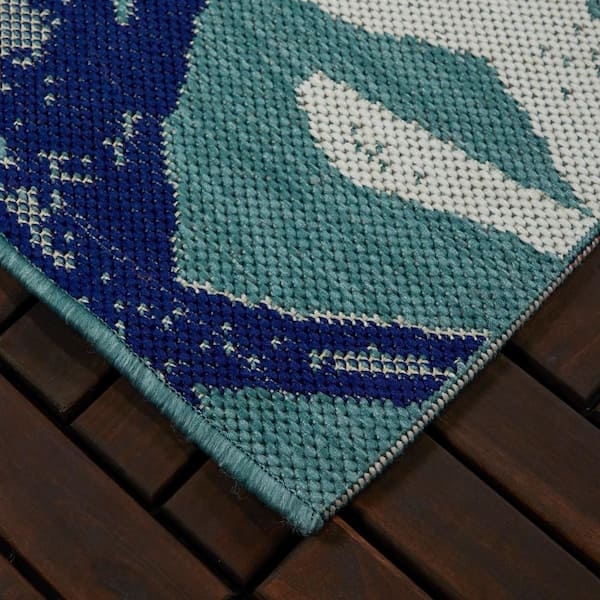 Area Rug, Coastal White Coral Motif on Teal Background