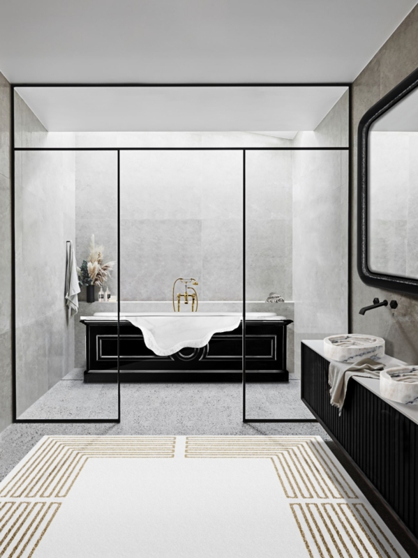 Area Rug: Contemporary Geometric Border, Slatted Black Vanity & Glass