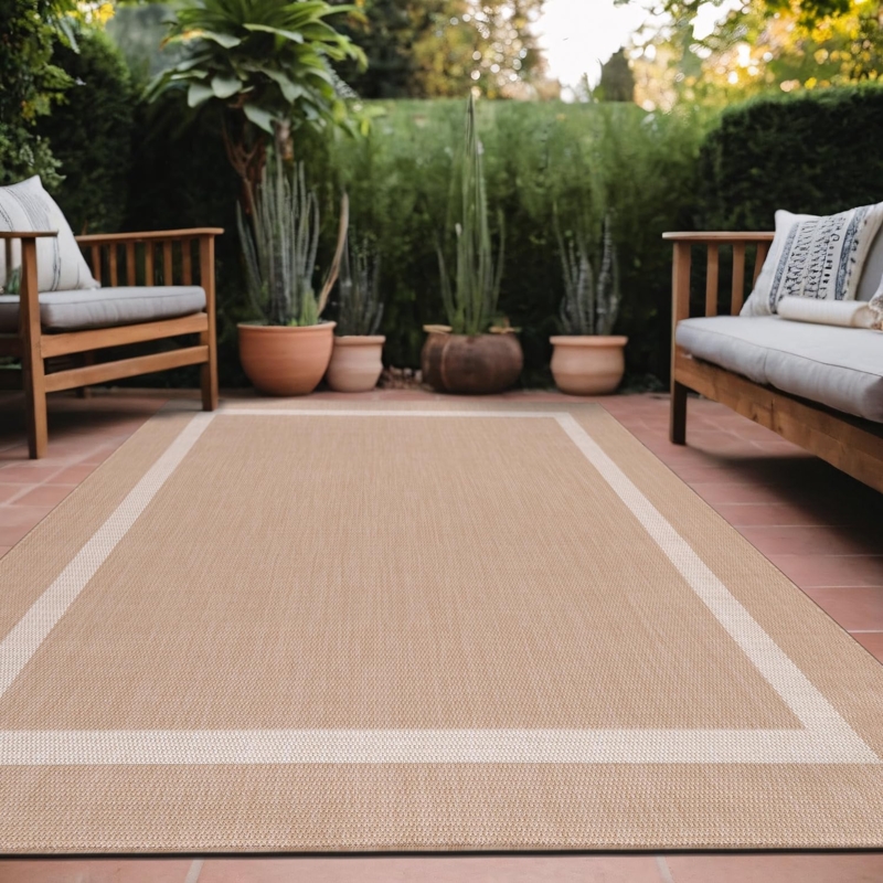 Area Rug Contrasting Border Charcoal Minimalist Woven Patio Deck