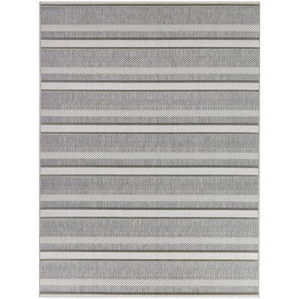Area Rug Cool Gray Horizontal Stripe Low Profile Minimalist