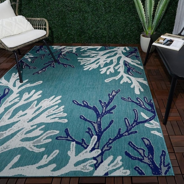Area Rug: Coral Branch Pattern, Teal, Low-Profile. Coastal Patio Rug Styling.
