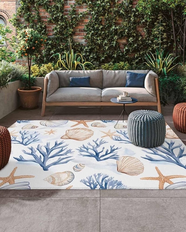 Area Rug Coral Starfish Imagery Navy White Contrast Coastal Patio
