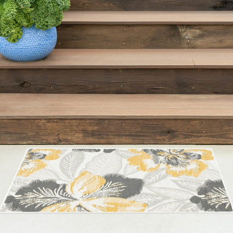 Area Rug: Cream and Beige Patio Rug with High-Low Floral Pattern