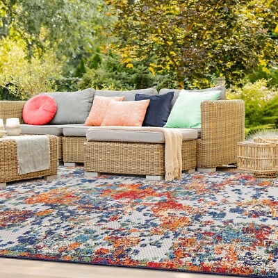 Area Rug Cream Charcoal Abstract Distressed Indoor Outdoor
