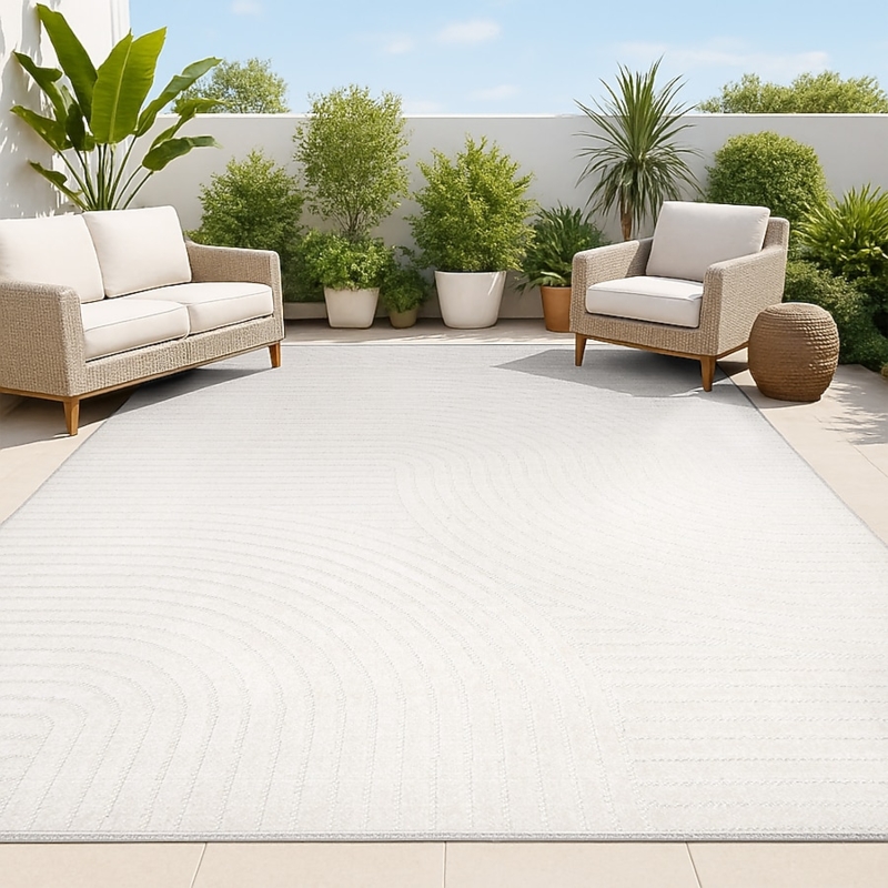Area Rug Curved Geometric Pattern High-Low Ivory Scandinavian