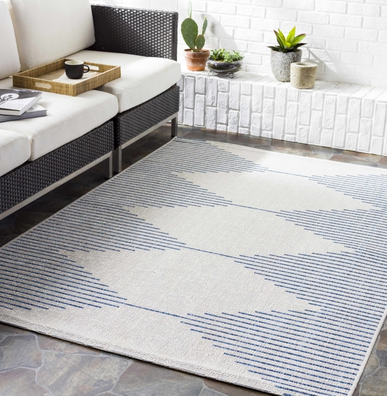 Area Rug: Damask Pattern, Blue Cream, Outdoor Durability, Coastal Porch