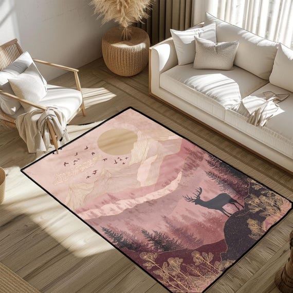 Area Rug, Deer Silhouette Animal Print, Rustic Lodge Cabin Decor, Low Pile