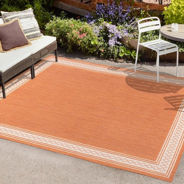 Area Rug Diamond Border Terracotta Flatweave Transitional Balcony