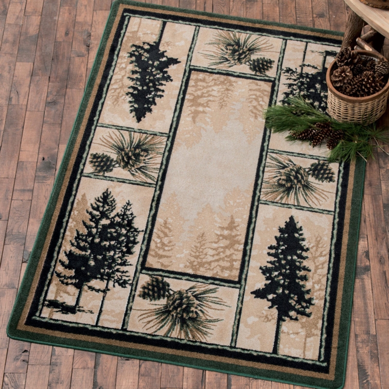 Area Rug Diamond Pattern Pine Tree Border Lodge Style Brown