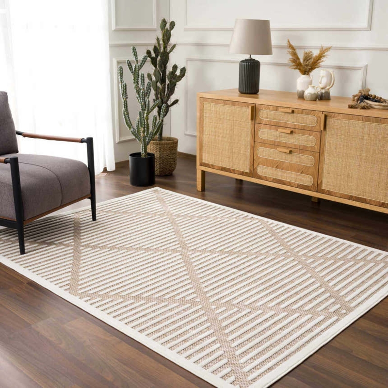 Area Rug: Diamond Trellis Pattern in Tonal Cream Palette for Lounge