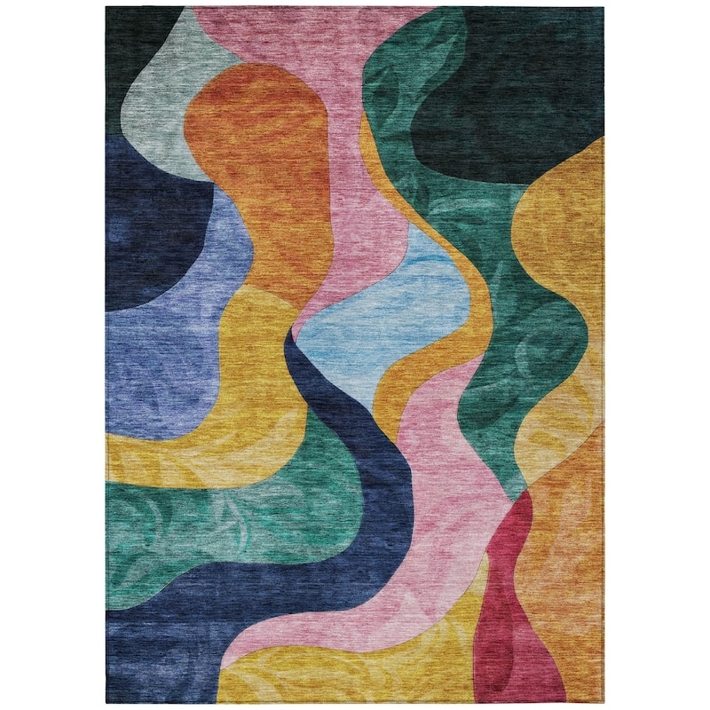 Area Rug: Distressed Abstract Pattern, Weather Resistant Look, Navy Cream
