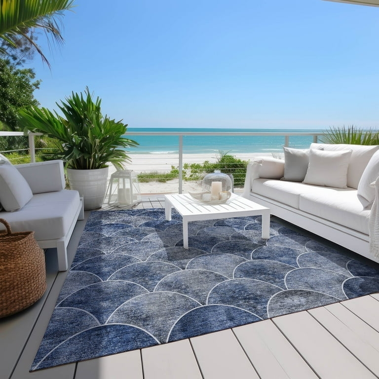 Area Rug: Distressed Botanical Pattern, Navy Cream, Transitional Styling
