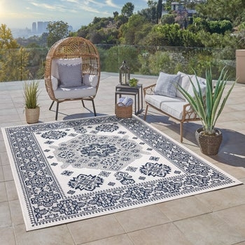 Area Rug Distressed Cream Blue Low Pile Vintage Inspired
