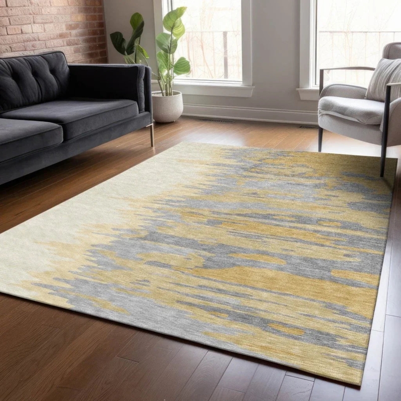 Area Rug Distressed Floral Motif Yellow Low Pile Vintage Patio