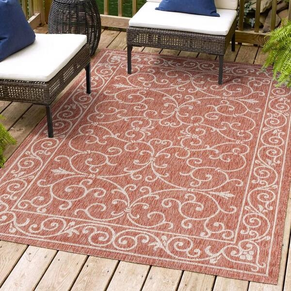Area Rug Distressed Red Pattern Filigree Medallion Traditional