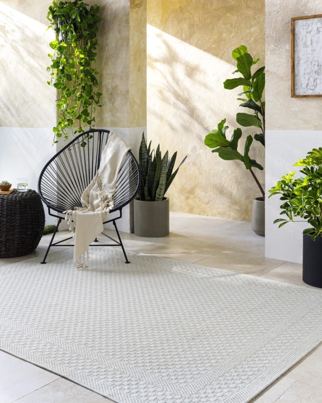 Area Rug Distressed Trellis Pattern Light Gray Weather Resistant