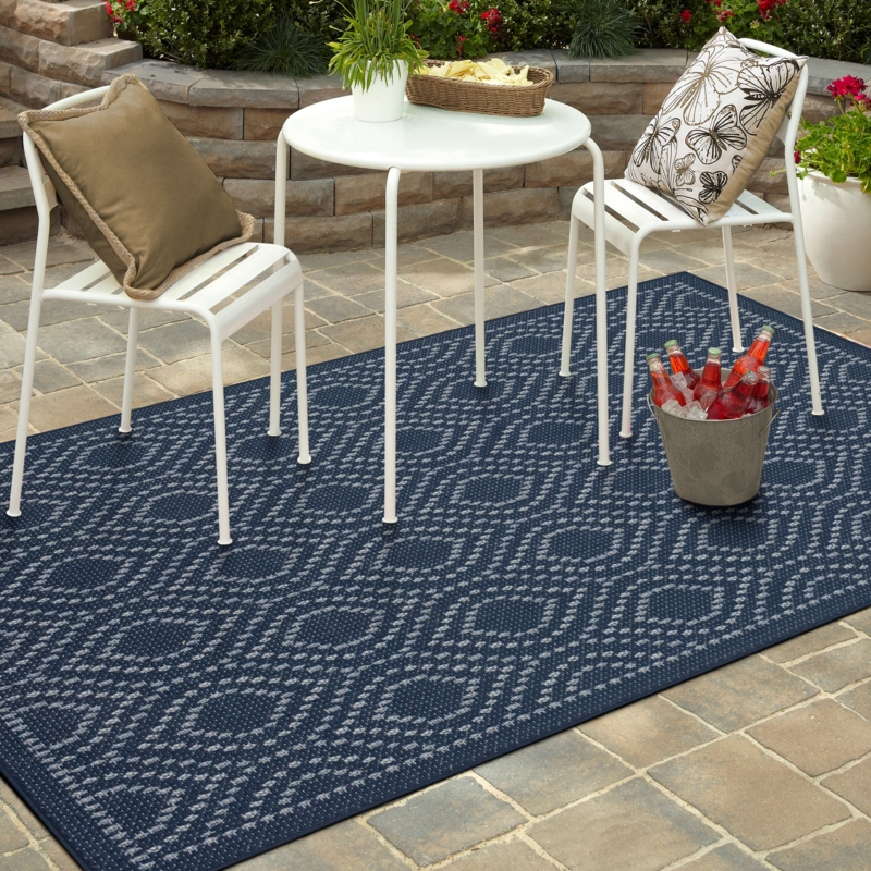 Area Rug Dotted Tile Pattern Bohemian Low Pile Navy Blue
