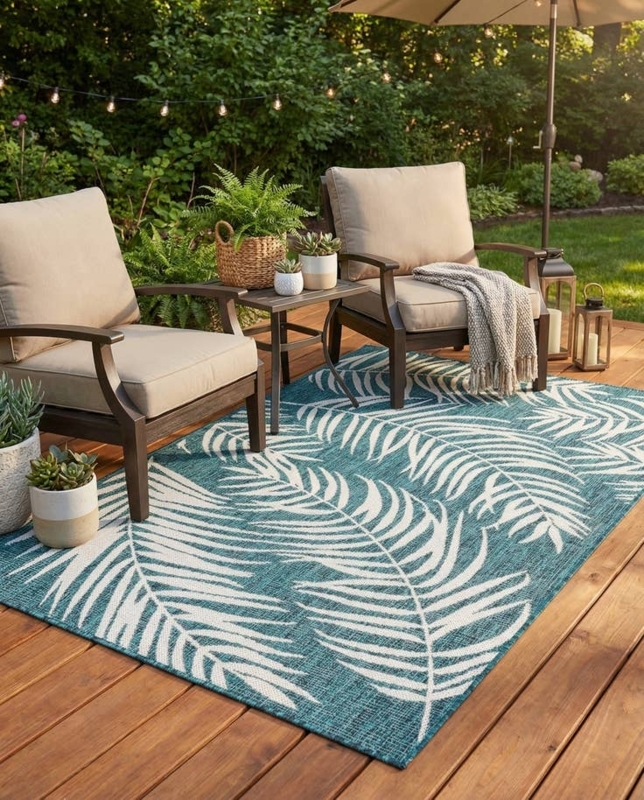 Area Rug, Easy Clean Teal Botanical Motif, Low Pile