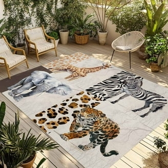 Area Rug, Eclectic Animal Print Collage with Earth Toned Design