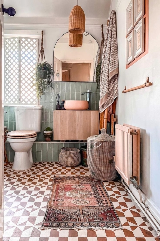 Area Rug: Eclectic Vintage Runner, Pink Vessel Sink, Sage Backsplash
