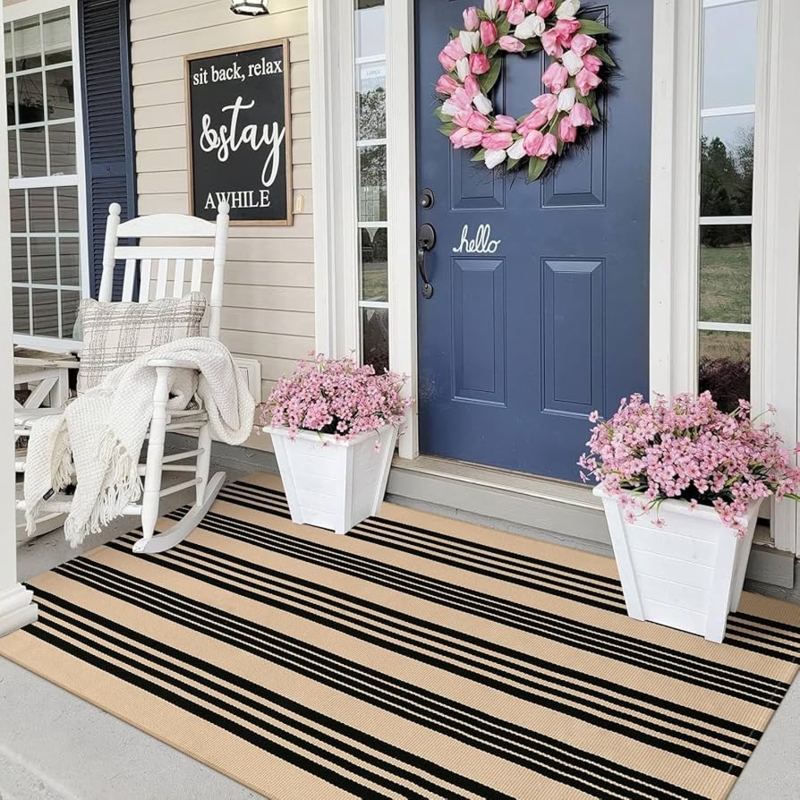 Area Rug Farmhouse Porch Black And Khaki Stripes Fringe Edges Woven