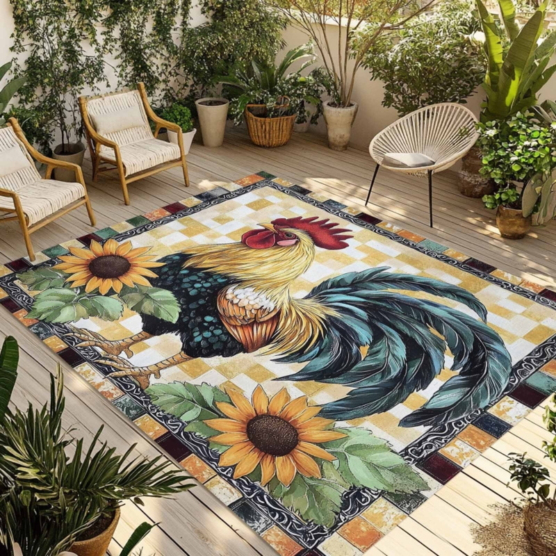 Area Rug, Farmhouse Rooster Illustration with Buffalo Check Border Design