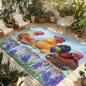 Area Rug, Farmhouse Rooster Motif with Watercolor Floral Border