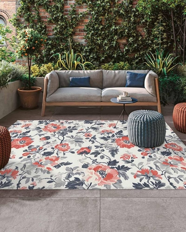 Area Rug Farmhouse Watercolor Floral Pattern Low Pile Patio