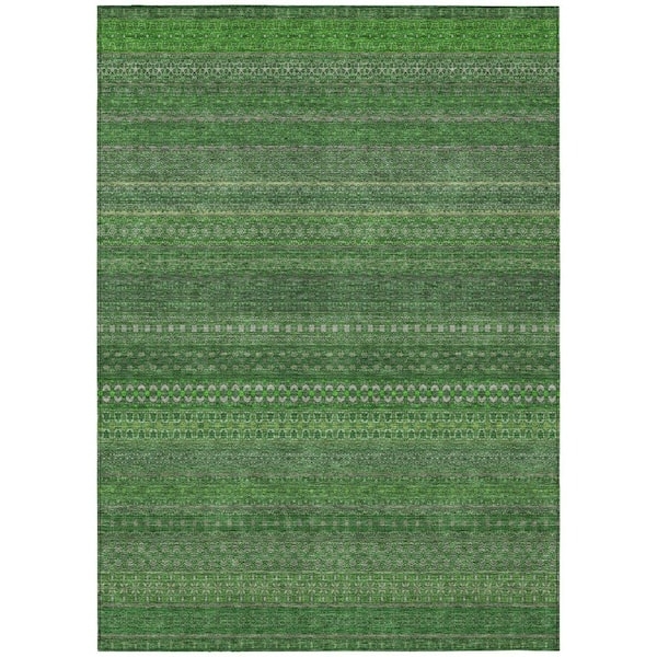 Area Rug Fern Green Cream Wide Stripes Flatwoven Coastal Deck