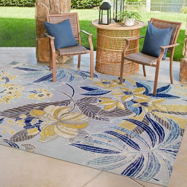 Area Rug Floral Botanical Print Navy Cream Indoor Outdoor Utility